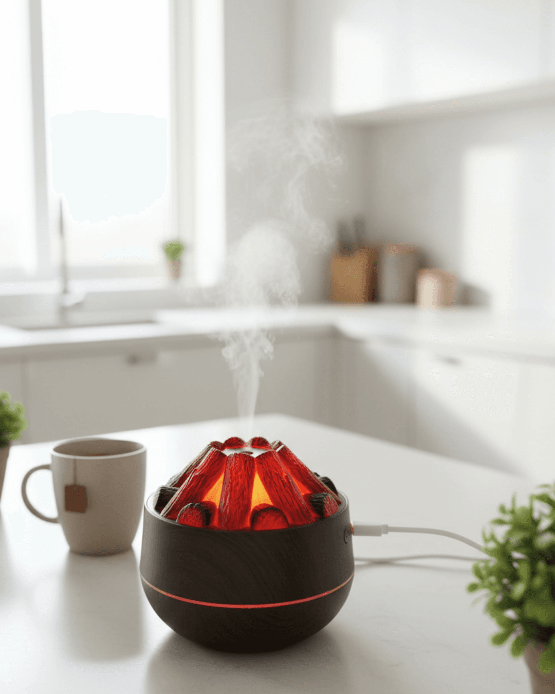 Symulowany nawilżacz powietrza z efektem ogniska, pieca na drewno, kominka, dyfuzor mgiełki wodnej, klasyczny wzór drewna, USB, ultradźwiękowy rozpylacz mgiełki