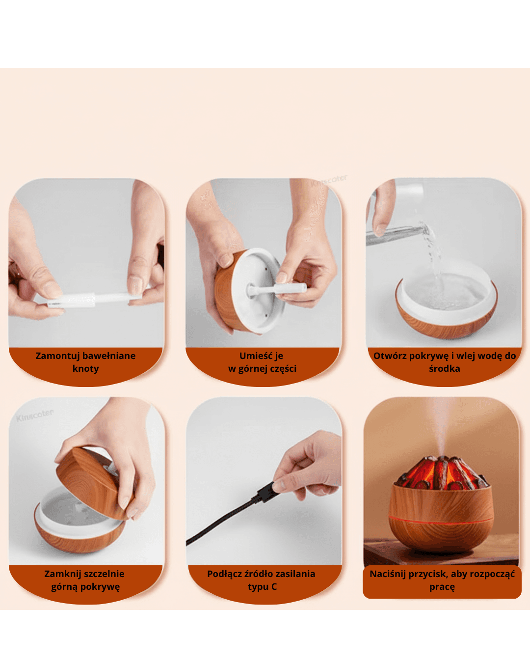 Symulowany nawilżacz powietrza z efektem ogniska, pieca na drewno, kominka, dyfuzor mgiełki wodnej, klasyczny wzór drewna, USB, ultradźwiękowy rozpylacz mgiełki